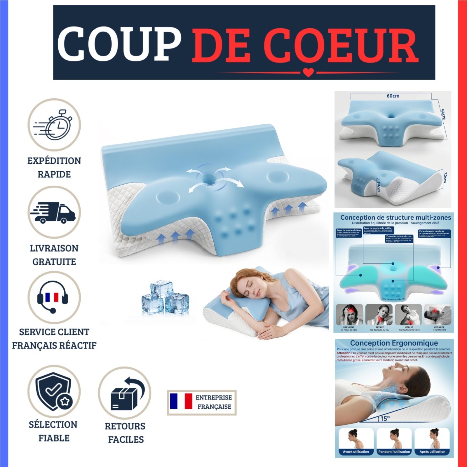 Oreiller Cervical Ergonomique Memoire de Forme 2 en 1 Anti-R